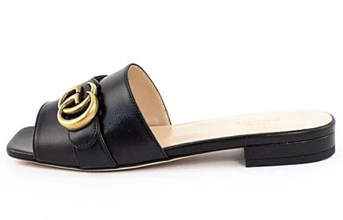GUCCI Gg Slide Sandal Black Leather Women's