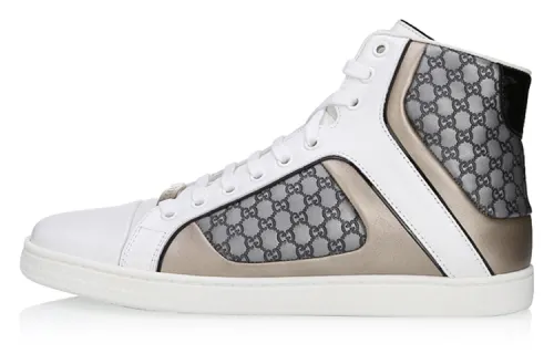 GUCCI Cow Leather High top Skateboard Shoes Men's White Gray