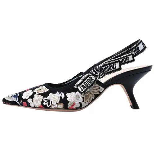 DIOR J'Adior Cotton Fabric Embroidery Slim Heel High Heels Women's Black