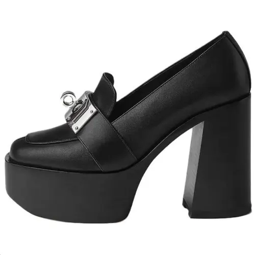 HERMES Leather Chunky Heel High Heels 7cm Women's Black