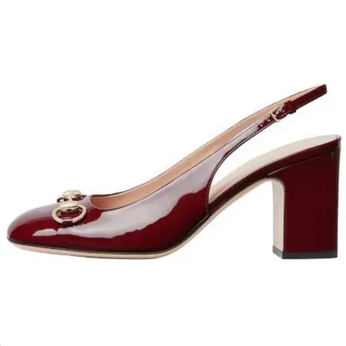 GUCCI Horsebit Patent Leather Chunky Heel High Heels 7.5cm Women's Red