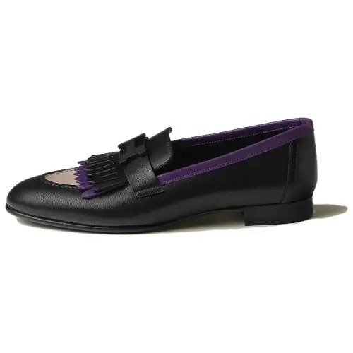 HERMES Royal Leather Loafers Women's Black Purple