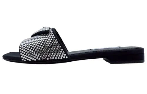 PRADA 10mm Crystal Slides Black Satin