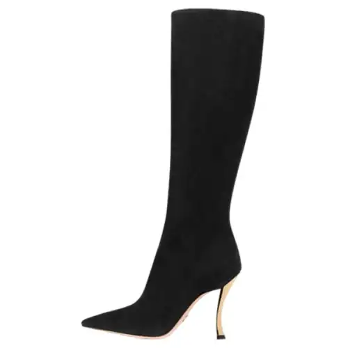 DIOR D Fame Suede Pointed Toe Knee High Boots 10cm Women's Black