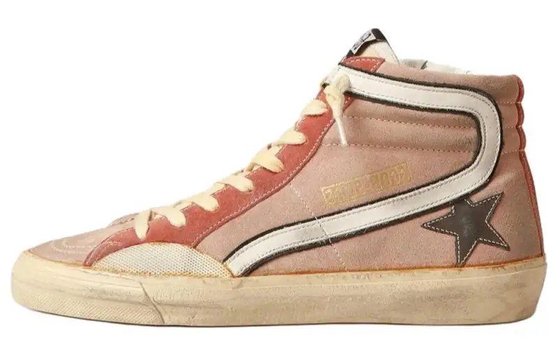 Golden Goose Slide Leather High top Skateboard Shoes Women's Pink White Distressed
