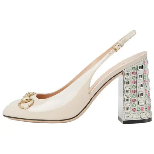 GUCCI Patent Leather Chunky Heel High Heels 9.5cm Women's White
