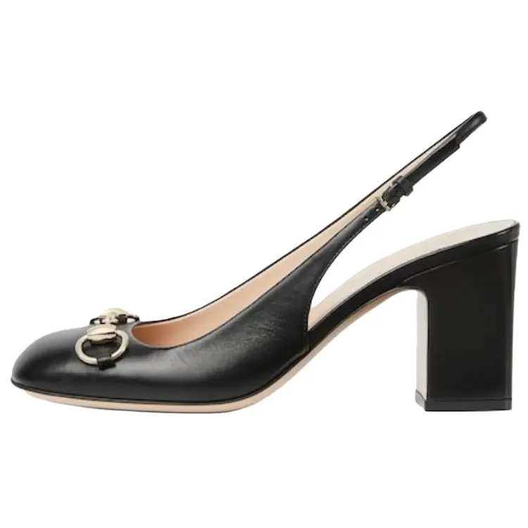 GUCCI Horsebit Leather Chunky Heel High Heels 7.5cm Women's Black