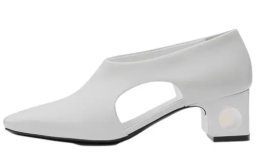 HERMES Cut Out Round Tip Chunky Heel Women's Casual Shoes Women's White