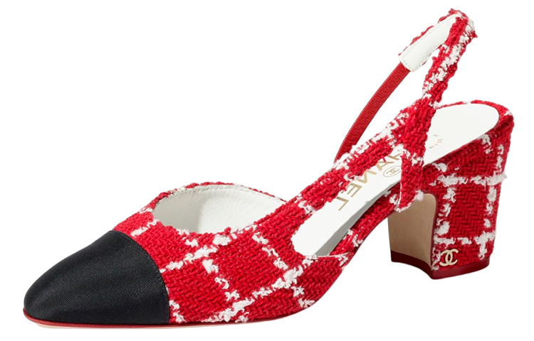 CHANEL Cotton Fabric Logo Chunky Heel High Heels 6.5cm Women's Red