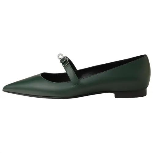 HERMES Kelly Flat Mary Jane Shoes Women's Green