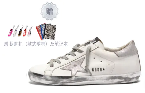 Golden Goose Super Star Cow Leather Stylish Skateboarding Shoes Women's White Gift Keychain+Notebook, Distressed