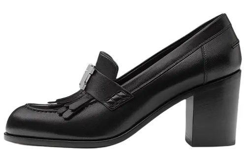 HERMES Sheepskin Chunky Heel High Heels 7cm Women's Black