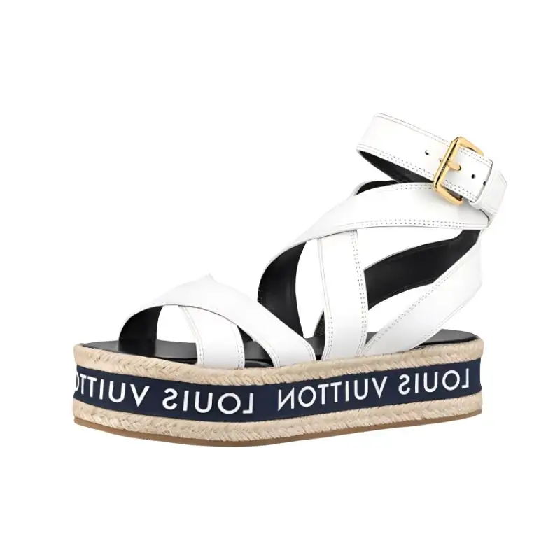 LOUIS VUITTON Boundary Flatform Top Grain Cow Leather One Strap Sandals Women's White