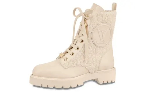 LOUIS VUITTON Territory Leather Lace Up Short Ankle Boots Women's Beige