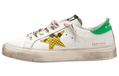 Golden Goose May Cow Leather Low top Casual Shoes Women's White Green Tail Distressed