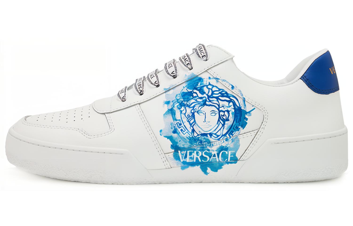 VERSACE Ilus Cow Leather Low top Stylish Skateboarding Shoes Men's White Blue
