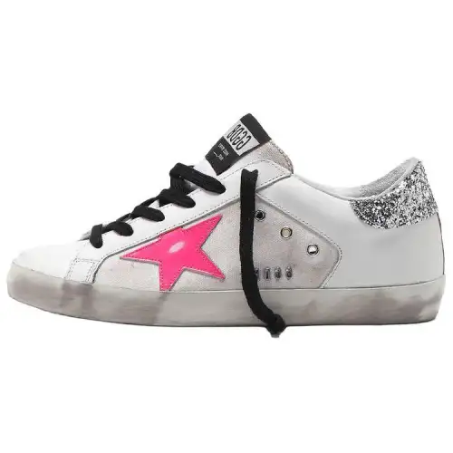 Golden Goose Super Star Cow Leather Low top Skateboard Shoes Women's Silver Glitter Tail Distressed