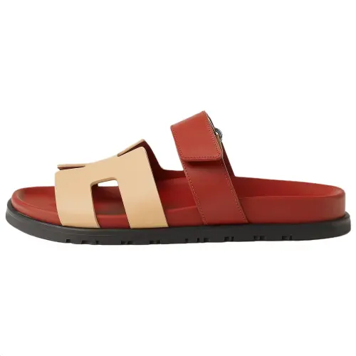 HERMES Chypre Slide Slippers Women's Beige Red