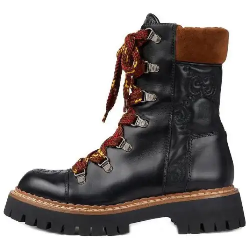 GUCCI Leather Comfortable Round Toe Short Combat Boots 3cm Women's Black