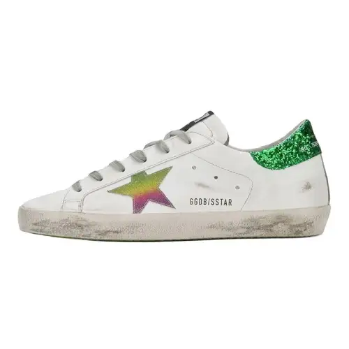 Golden Goose Super Star Cow Leather Distressed Stylish Skateboarding Shoes Women's Green Glitter Tail