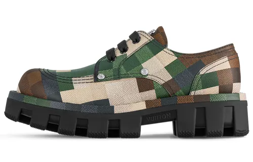 LOUIS VUITTON Checker Leather, Cow Leather Casual Shoes Men's Khaki Green