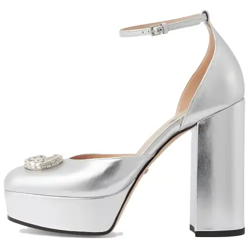 GUCCI Patent Leather Chunky Heel High Heels 11cm Women's Silver