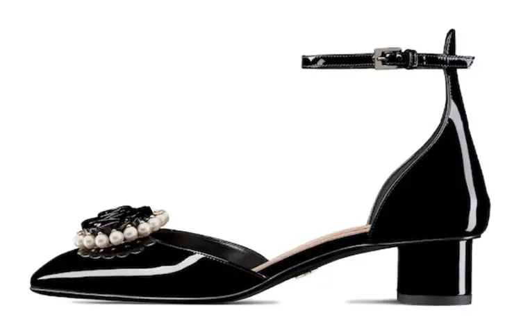 DIOR Rose Leather Chunky Heel High Heels Women's Black