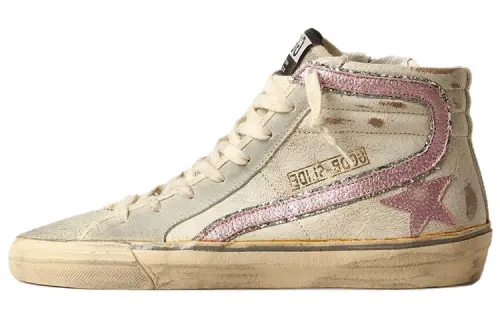 Golden Goose Slide Leather High top Skateboard Shoes Women's Beige Pink Distressed