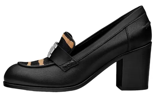 HERMES Dauphine Leather Chunky Heel High Heels 7cm Women's Black Brown