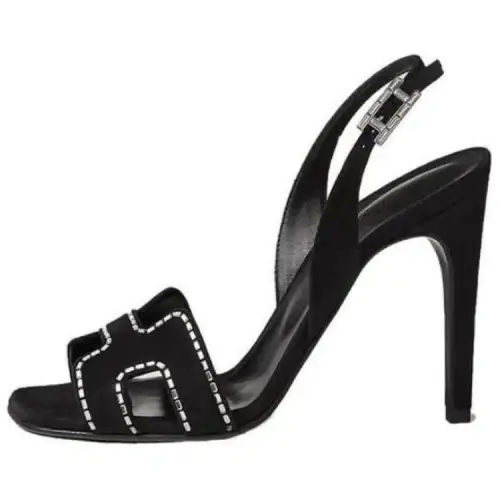 HERMES Holy Suede One Strap Sandals 10.5cm Women's Black
