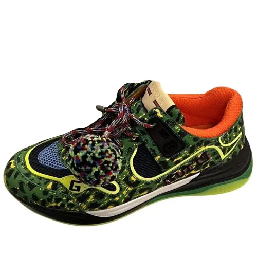 GUCCI Cow Leather, Textile Cushioning Abrasion Resistant Breathable Low top Casual Shoes Men's Green Leopard Print