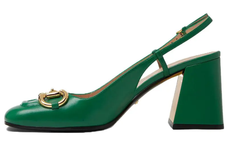 GUCCI Horsebit 75mm Heeled Slingback Bright Green Leather