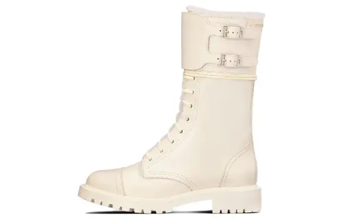 DIOR D Trap Leather Crew Mid Calf Boots Women's Beige