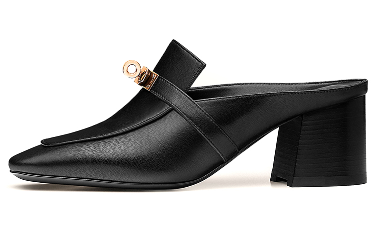 HERMES Blossom Müller Block Heel High Heels 6CM Women's Black