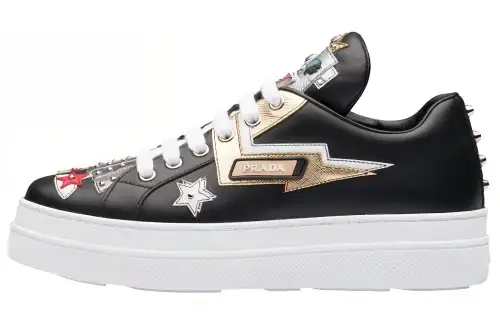 PRADA Leather Low top Stylish Skateboarding Shoes Women's Black