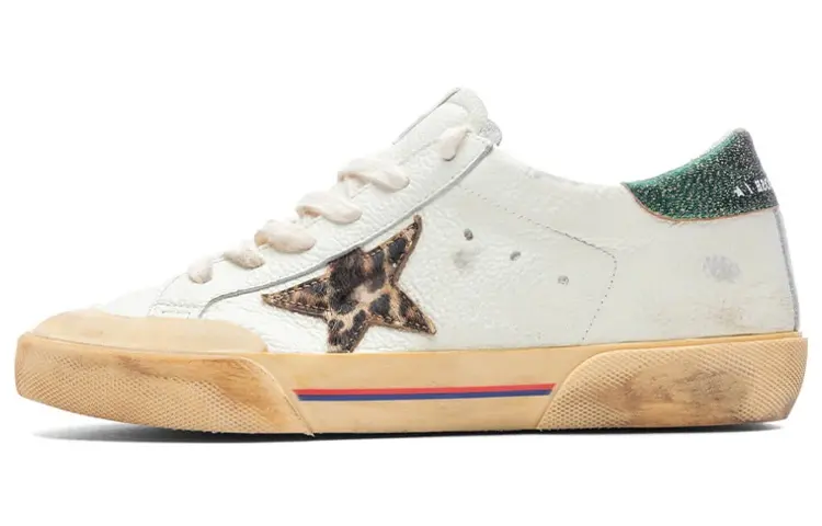 Golden Goose Super Star Leather Lace Up Low top Stylish Skateboarding Shoes Women's White Green Distressed