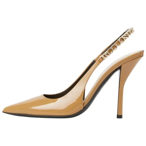 GUCCI Signoria Patent Leather Slim Heel High Heels 10.5cm Women's Khaki
