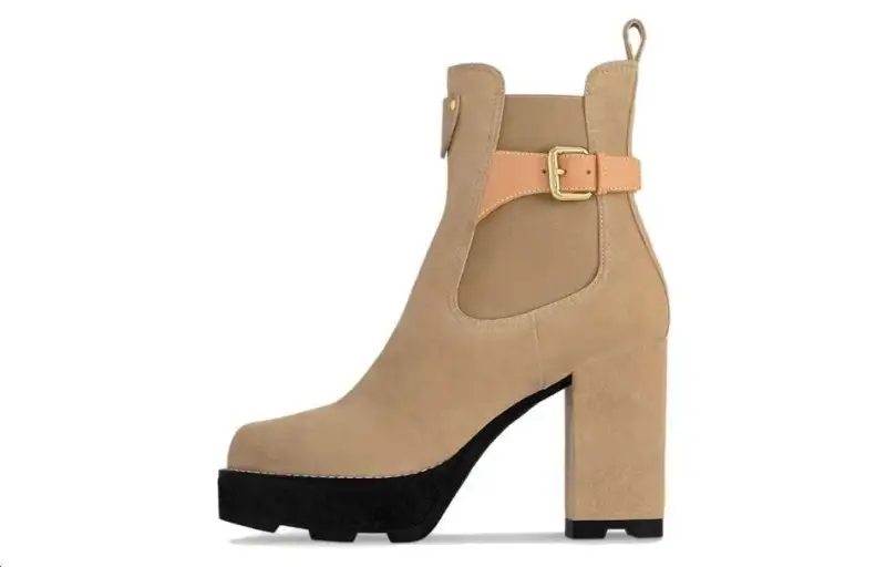 LOUIS VUITTON Beaubourg Cow Leather Ankle Boots 7cm Women's Light Umber
