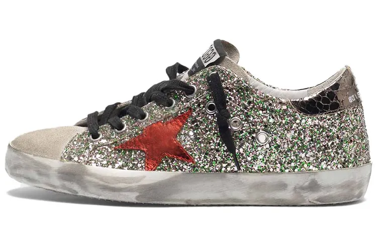 Golden Goose Super Star Leather Stylish Skateboarding Shoes Women's Silver Sequins Black Heel Tab Distressed