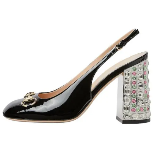 GUCCI Horsebit Patent Leather Chunky Heel High Heels 9.5cm Women's Black