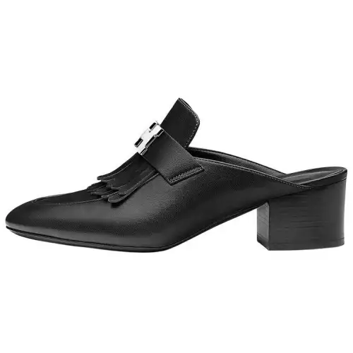 HERMES Block Heel Closed Toe Slippers Women's Black