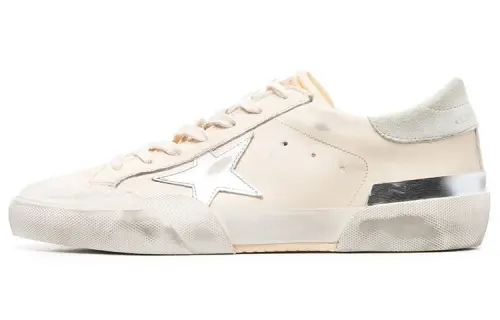 Golden Goose Super Star Leather Lace Up Low top Stylish Skateboarding Shoes Men's Beige Silver Distressed