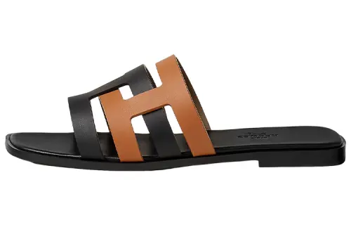 HERMES Amore Open Toe Slide Slippers Women's Black Brown