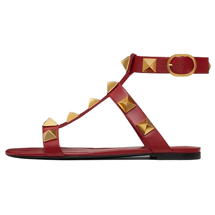 Valentino Valentino Roman Stud Calf Leather Studded Flat Strap Sandals Women's Red
