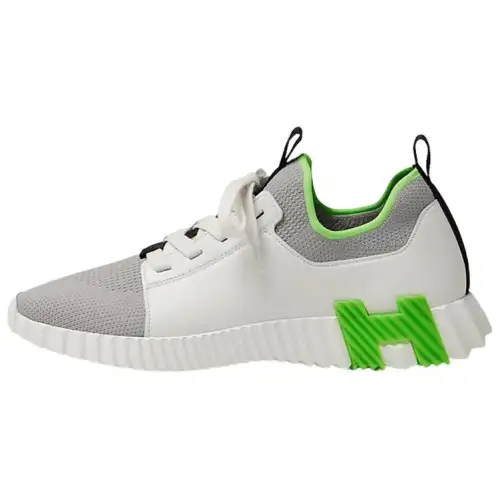 HERMES Depart Cow Leather, Textile Abrasion Resistant Abrasion Resistant Low top Casual Shoes Men's White Gray Green