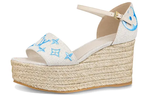 LOUIS VUITTON Starboard Fabric One Strap Sandals Women's Beige Blue