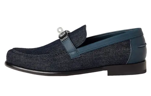 HERMES Destin Leather Loafers Men's Dark Blue