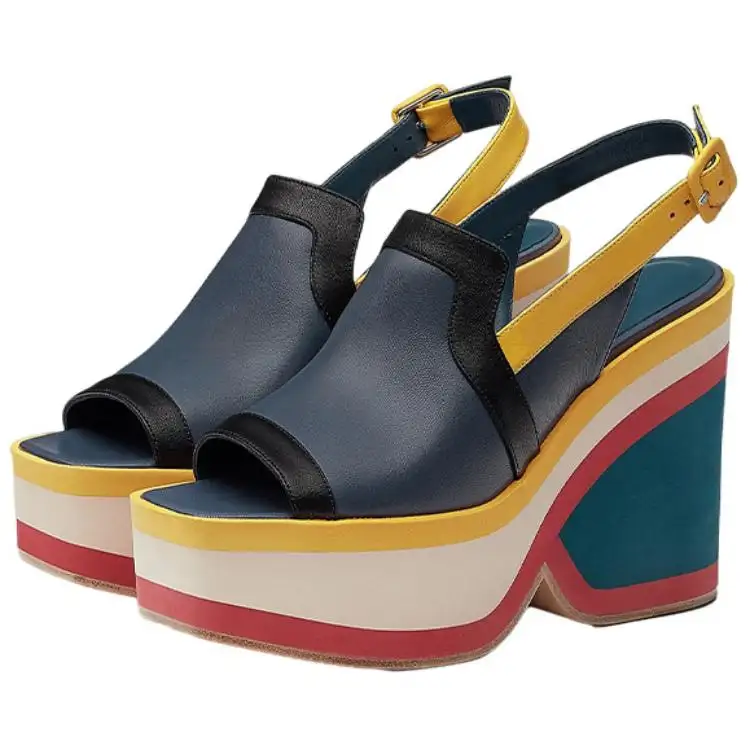 HERMES One Strap Sandals Women's Blue Yellow Black