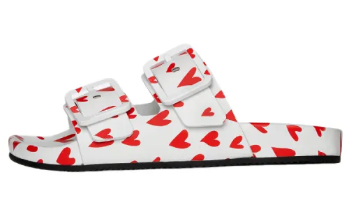 Balenciaga Logo Print Mallorca Flat Sandals White Red Hearts Women's