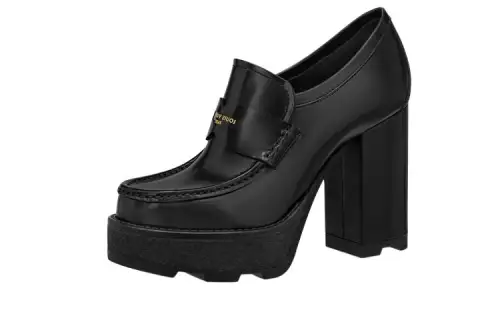 LOUIS VUITTON Beaubourg Cow Leather Slip on Chunky Heel High Heels 7cm Women's Black